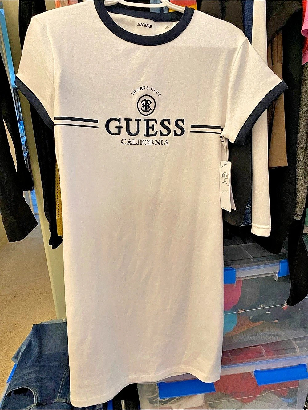 GUESS Mila SS Short Dress Graphic Mini White & Black Large